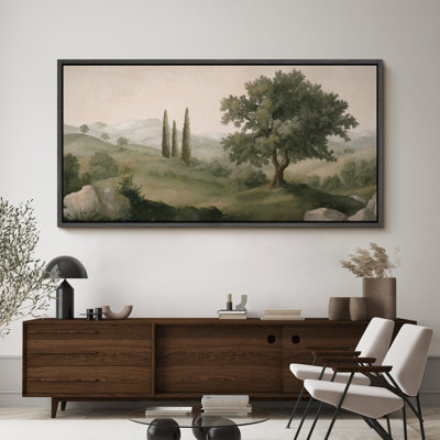 Tuscan Hills and Cypress Trees Large Framed Canvas Print Wall Art - Mediterranean Landscape Decor