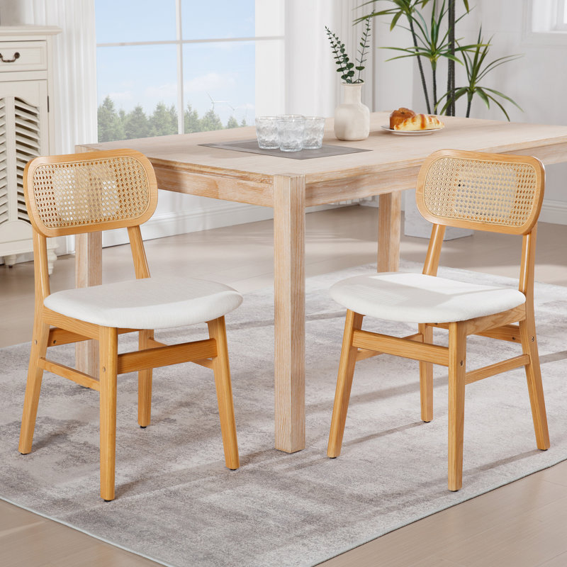 Upholstered Seat Solid Wood Dining Chair,Rattan Back Side Chair For Living Room/Dining Room, Natural, Beige Linen