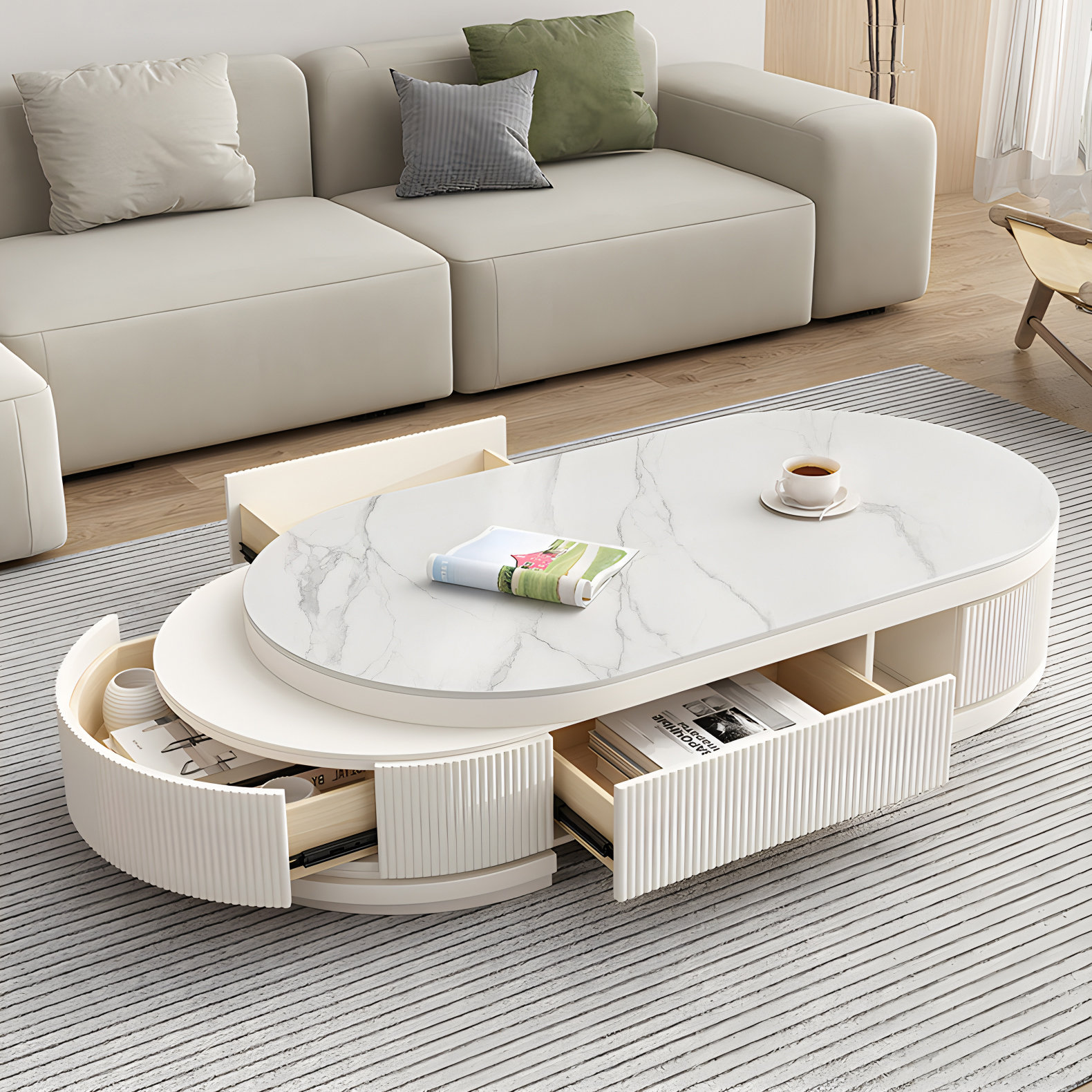 Modern Round Coffee Table with Storage Space, Extendable47 inches - 61 inches, White Simple Design, Suitable For Living Room, Sofa Companion