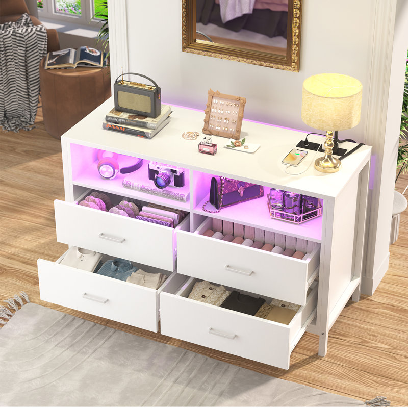Commode 6 tiroirs avec lumières DEL et prises de courant Mazyah, Blanc / Blanc