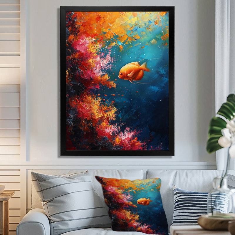 «Blue Orange Coral Marine Fish Life I» - décoration murale art corail, Encadrement argenté, H 12 po x l 20 po