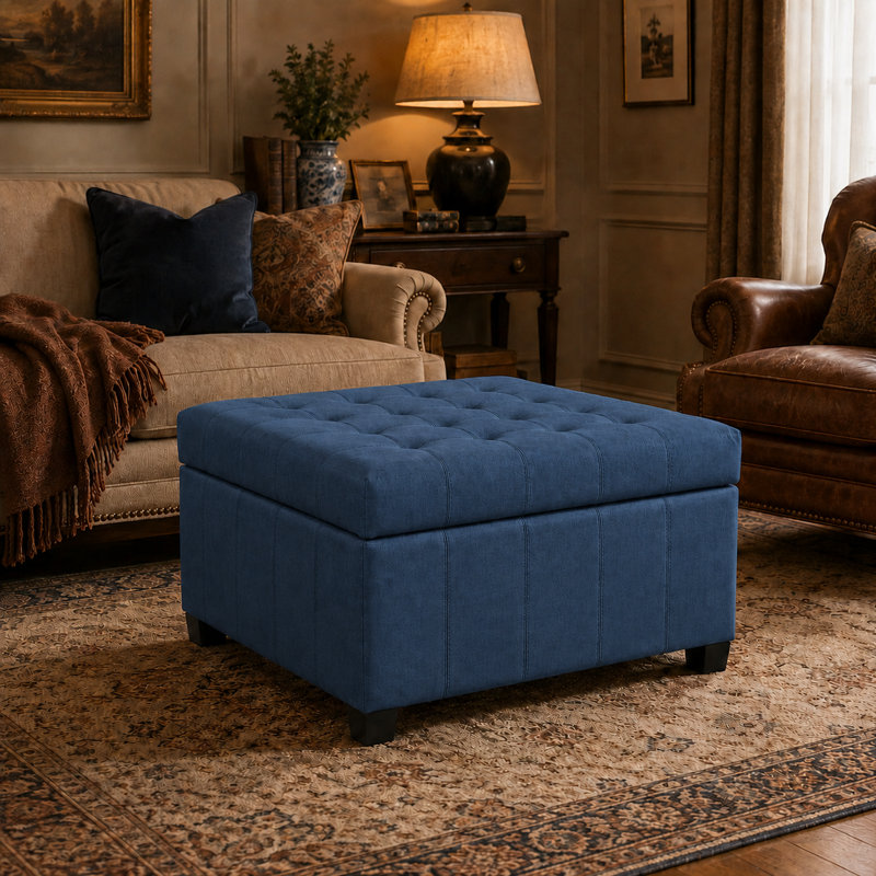 Quilted Cushion Multi-Function Storage Stool, Navy Blue