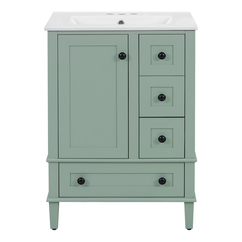 Meuble-lavabo vert clair de 24 po avec lavabo intégré en céramique, avec tablette à double couche, tiroirs à fermeture en douceur et porte d'armoire à fermeture en douceur