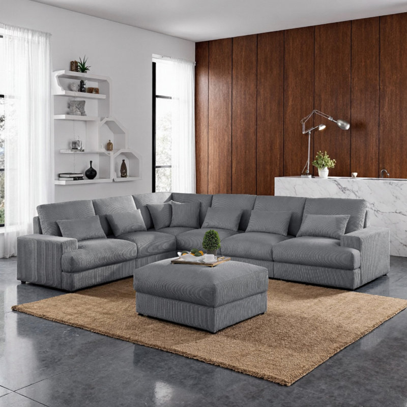 7-Pieces 132"*121" U Shape Sectional Sofa Cloud Couch With Removable Ottomans, Gray Corduroy