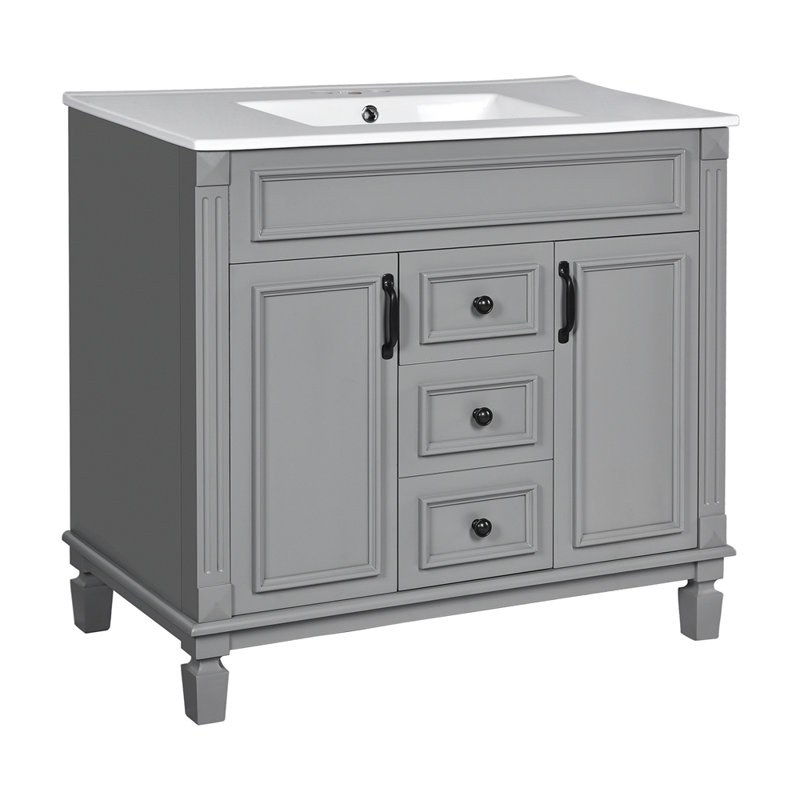 Meuble-lavabo 36 po avec lavabo supérieur, armoire de rangement moderne avec 2 portes à fermeture douce et 2 tiroirs, Gris