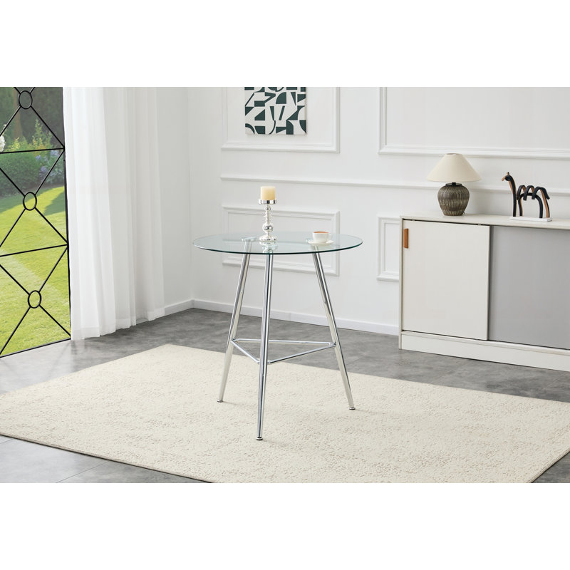 Table de bar, hauteur de 36 pouces, table de pub ronde en verre trempé de 34 pouces avec pieds en métal chromé argenté, table bistro moderne pour îlot de cuisine, bar et café