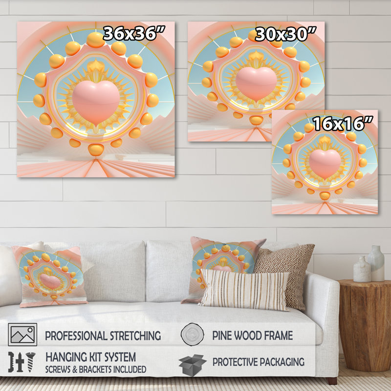 «Contemporary Pastel Radiating Pink Heart» - reproduction d'art sur toile, L 16 po x H 16 po, Toile tendue