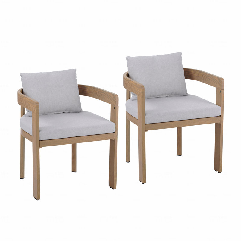 Ensemble de 2 chaises de patio pour l'extérieur, structure en aluminium au fini teck avec coussin gris clair, pour l'intérieur et l'extérieur