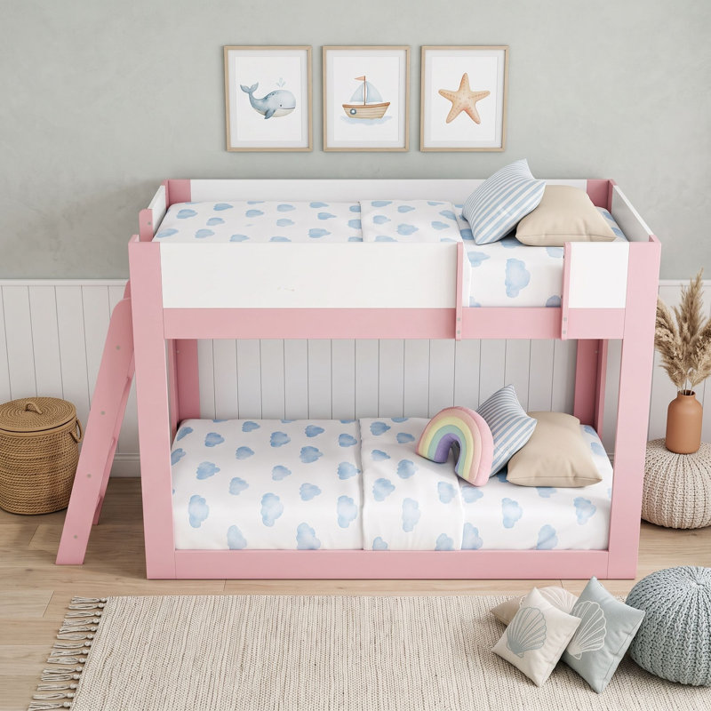 Lit superposé en bois avec garde-corps, Simple sur simple, Blanc rose