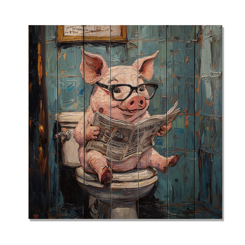Toilette de toilette lisant le journal I - Impression sur bois de cochon - sur bois de pin naturel