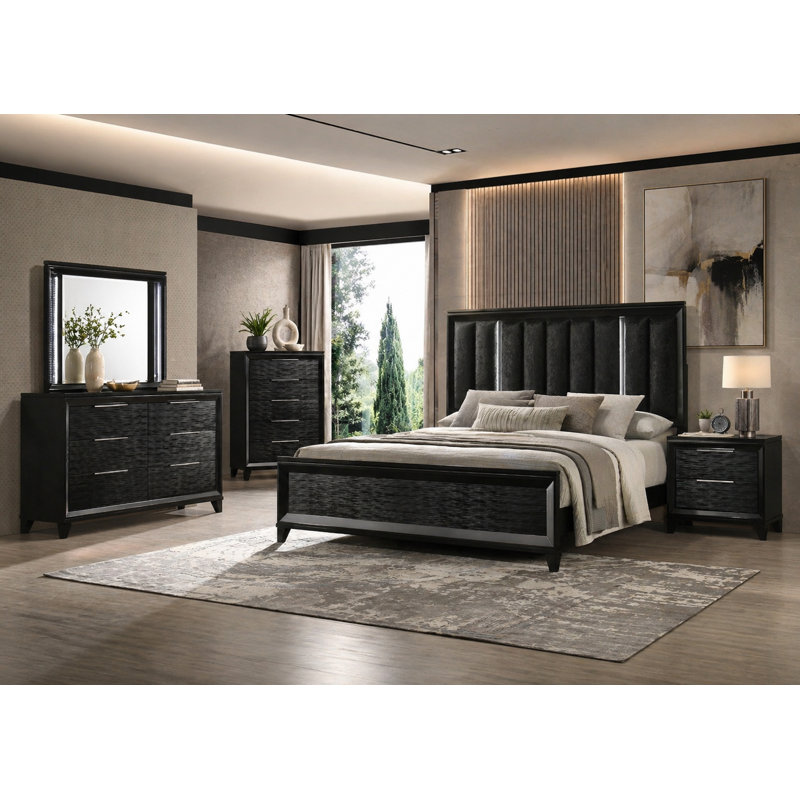Ensemble de chambre à coucher moderne à panneau tapissier à DEL en noir, 5 pièces, Grand lit