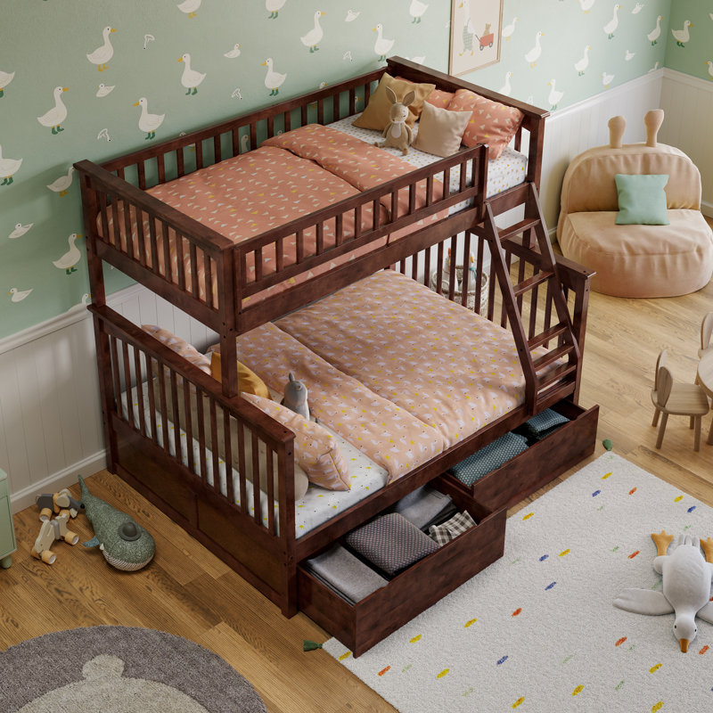 Lit superposé en bois massif avec tiroirs de rangement Flinn, Twin over Full, Walnut
