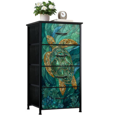 Coastal Stained Glass Style Dresser for Bedroom with 4 Storage Drawers Underwater Paradise Sea Turtle Glass Dressers Chest of Drawers Steel Framed Fabric Closet Organizers for Dorm Entryway