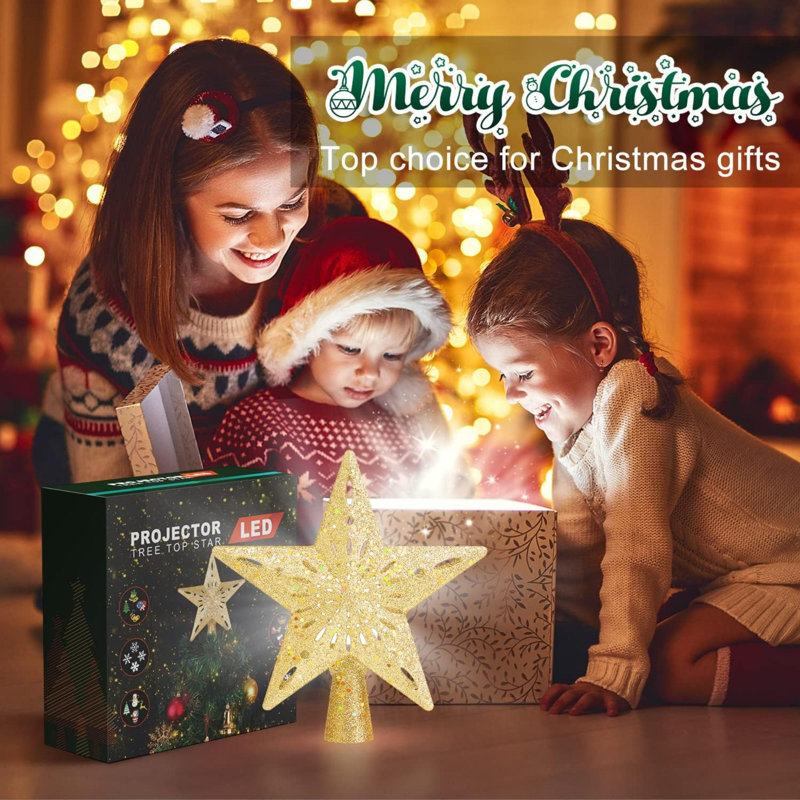 Christmas Tree Topper Star Lighted With 6 Projection Modes,Christmas Star Tree Topper With LED Rotating Lights,Gold Tree Topper 3D Glitter Dynamic Projection For Xmas Party Holiday Decorations