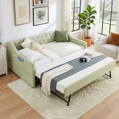 Upholstered Daybed with Pull-Out Trundle, Linen Fabric Day Bed with Tufted Backrest, Storage Pockets and Slat Support, No Box Spring Required