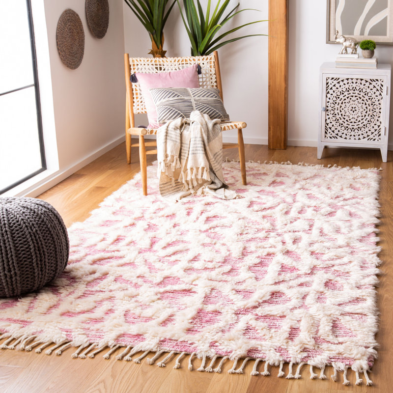 Driden Hand Knotted Wool/Viscose Abstract Rug in Ivory/Pink, Rectangle 8' x 10'