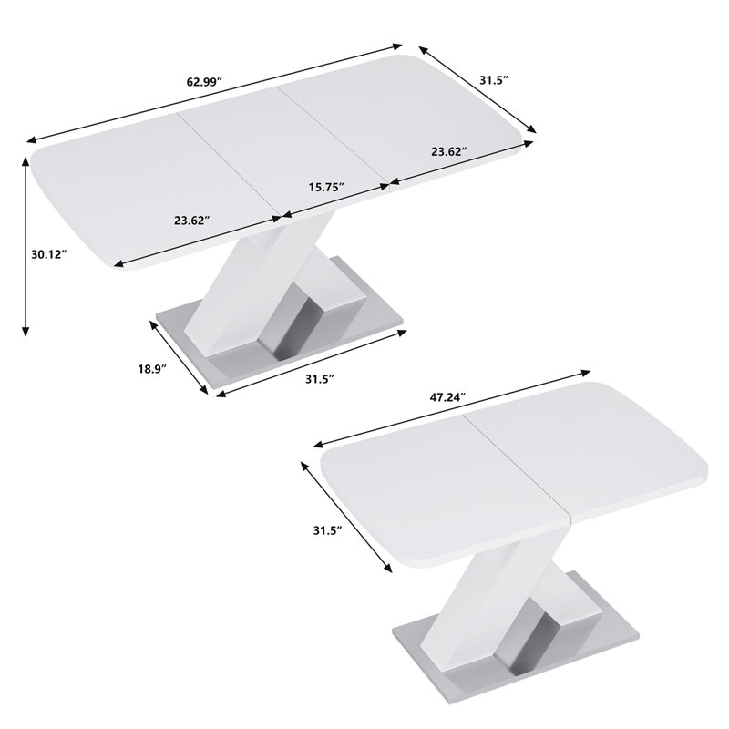 Modern Square Dining Table, Stretchable Table Top+MDF X-Shape Table Leg With Metal Base