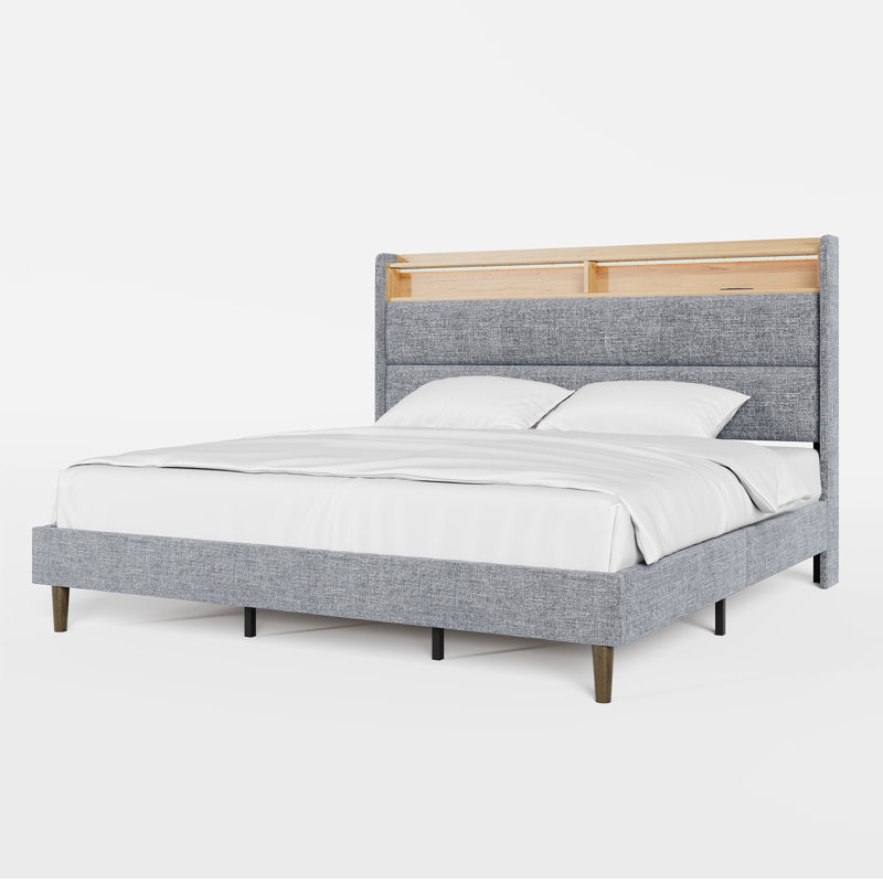 Modern Upholstered Platform Bed with Storage Headboard, Charging Station, RGB LED Lights, Gray, King