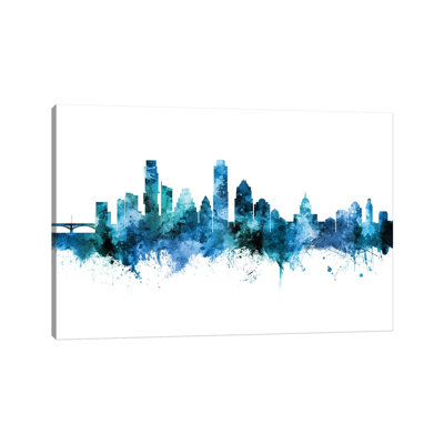 Austin Texas Skyline Blue Teal by Michael Tompsett - 1 Piece Wrapped Canvas Wall Art
