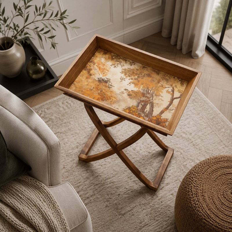 Table d'appoint pliante en bois 20,7 x 13,2 x 18,5 po, table de bout à miroir brun et doré, table d'appoint décorative portable