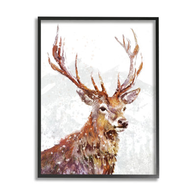 «Winter Deer Mountain Snowfall» encadré sur bois par Pip Wilson, peinture