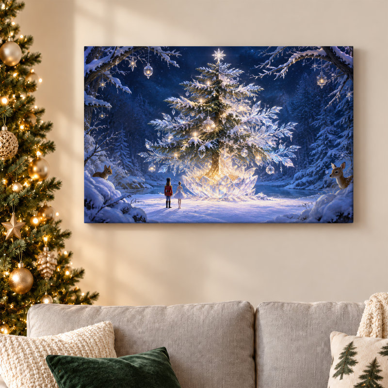 Art mural sur toile en forme d'arbre de cristal avec cerf dans la forêt enneigée, H 16 po x l 24 po