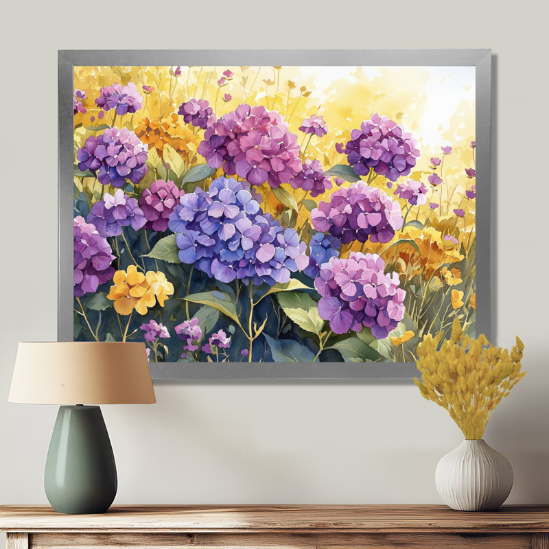 Hortensia d'été jadari en fleurs dans la prairie II - hydrangées, art mural, Reproduction encadrée d'une seule photo