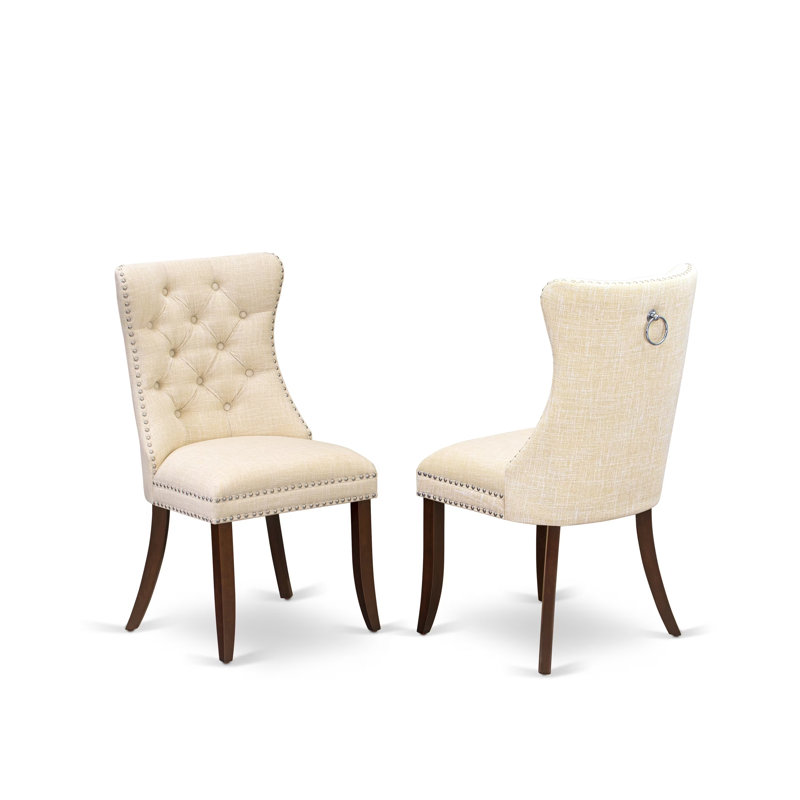 Denison Parson Dining Chairs - Button Tufted Nailhead Light Beige Polyester Fabric Upholstered Chairs, Set of 2, Mahogany