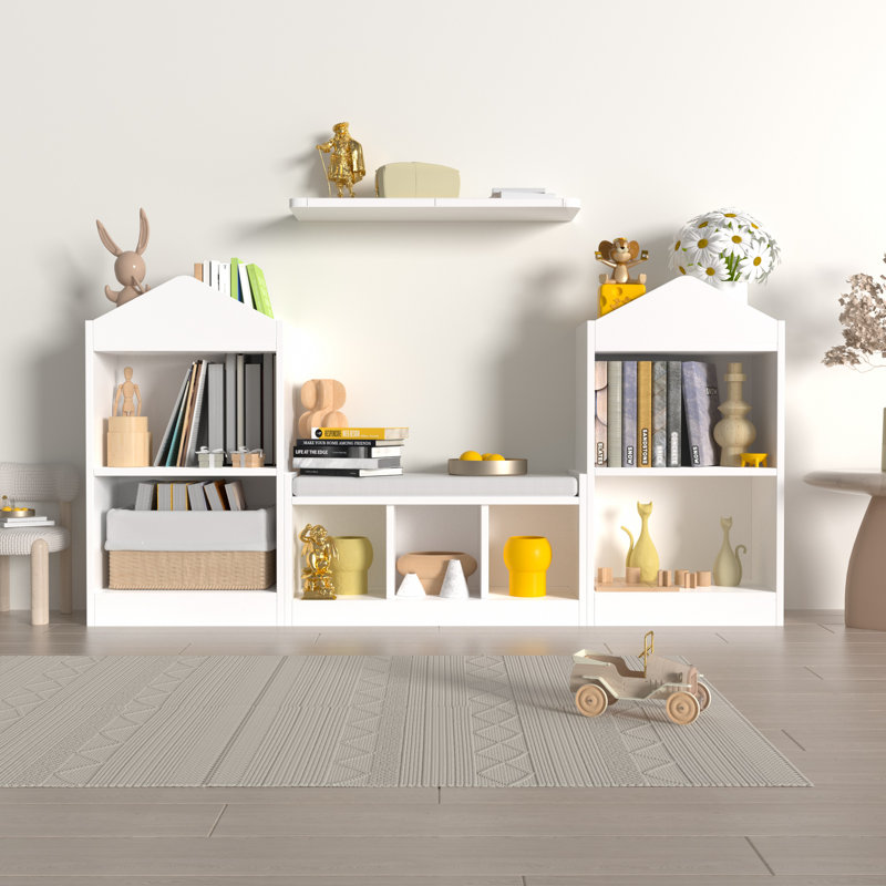 White Wooden Kids Bookshelf with Reading Nook and Storage Cubbies