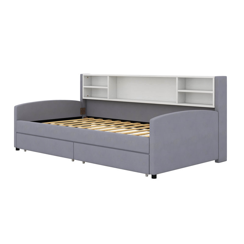  Lienke Twin Size Upholstered Platform Bed With Storage And Drawers, Gray