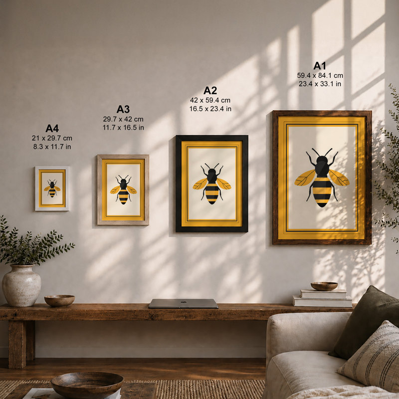Geometric Bee Minimalist - Framed Print, A1 - 84.1 x 59.4 cm, Black
