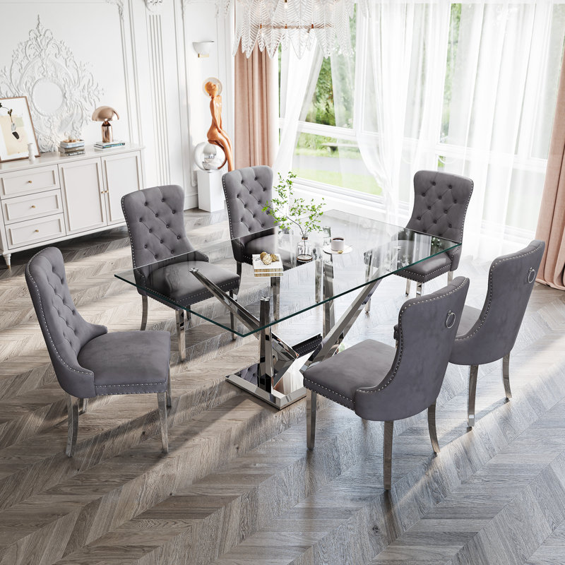 Glass Top Metal Base Dining Table With 6 Velvet Dining Chairs,7 - Piece Pedestal Dining Set, Gray, Silver
