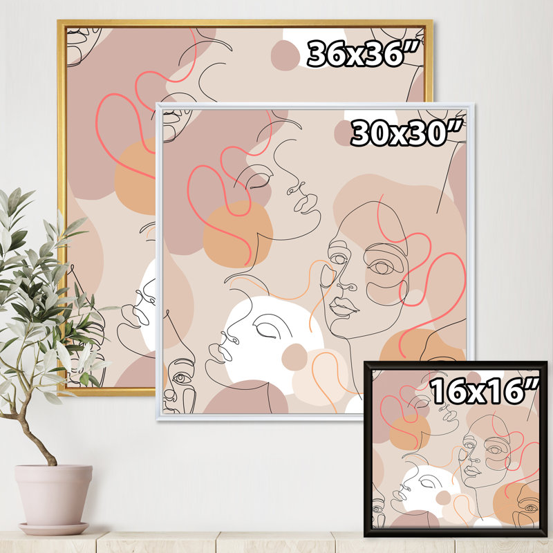 «Abstract One Line Woman Portraits», peinture sur toile, H 16 po x l 16 po x p 1 po, Cadre flottant doré