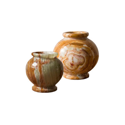 Vase en onyx naturel, urne en pierre multicolore fabriquée à la main, vase à fleurs décoratif, décoration de table sculpturale pour tablette, manteau de cheminée, vestibule et décoration intérieure, lot de 2 (petit et grand)