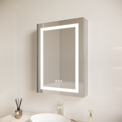 Armoire de salle de bain avec miroir à DEL 26 po x 20 po - Brouillard, Étanche, 3000K 6000K, Interrupteur tactile, à intensité variable, Une porte, Encastré / Montage en surface à droite avec pharmacie étanche à droite à intensité variable de 3000K à 6000K