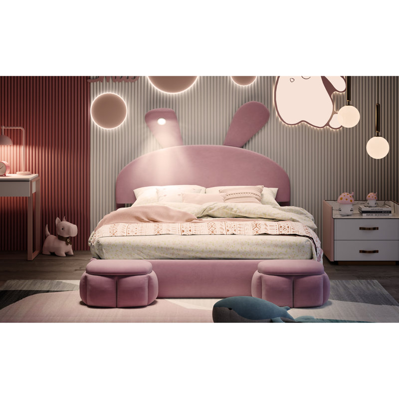 Upholstered Platform Bed with Cartoon Ears Shaped Headboard and Light, Daybed with Two Small Storage Stools, Full, Pink
