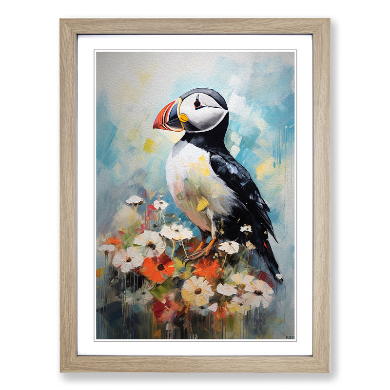 Puffin Impressionism - Single Picture Frame Print on Wood, 46cm H x 34cm W x 2cm D, Oak Framed