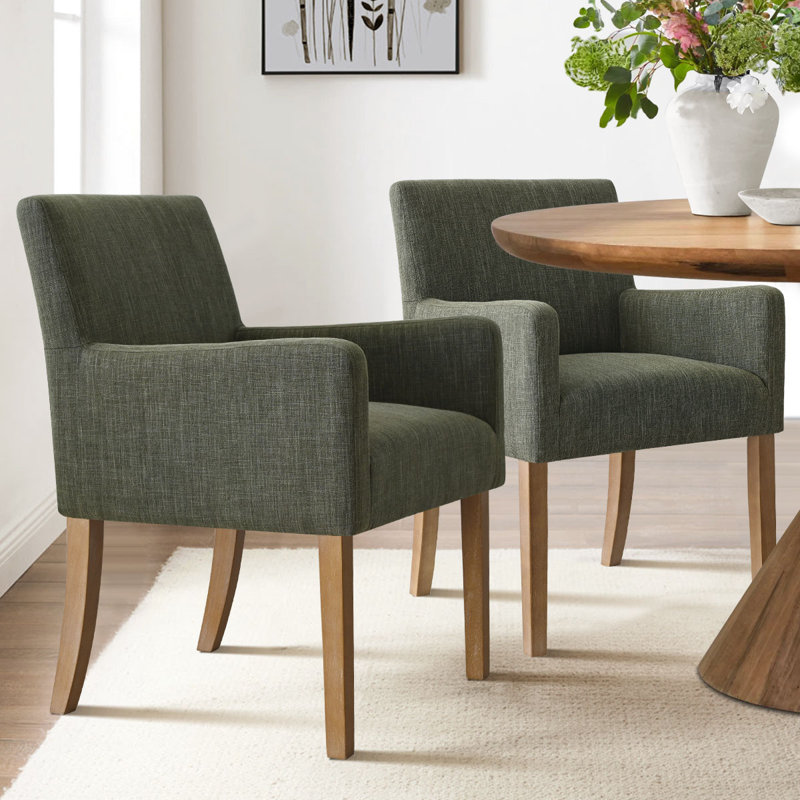 Kirjak 34" H Stain Resistant Linen Dining Armchair, Olive Green