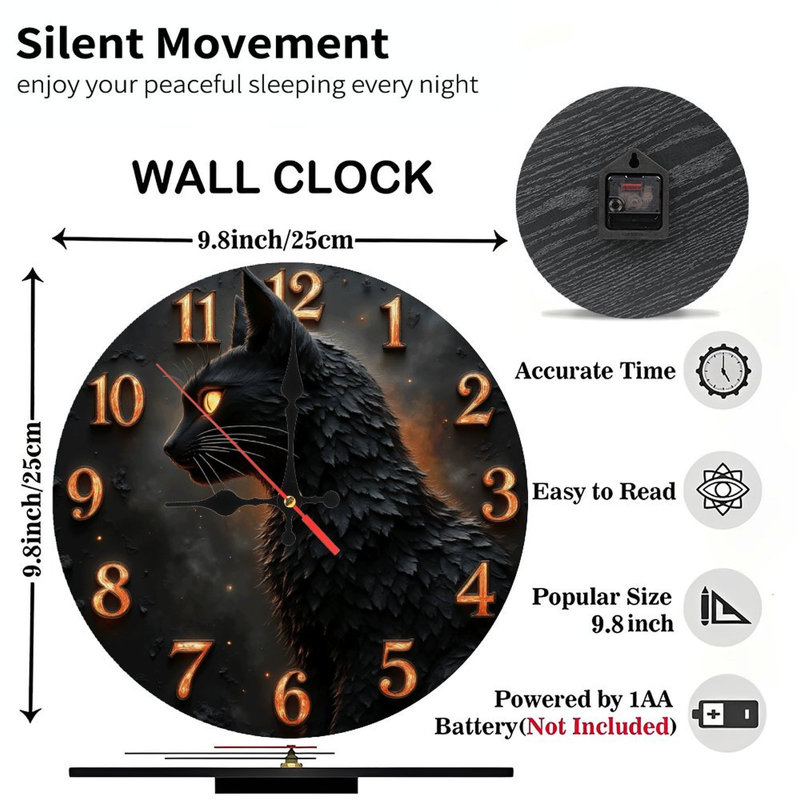 Black Cat Wall Clock Home Decor Unique Design