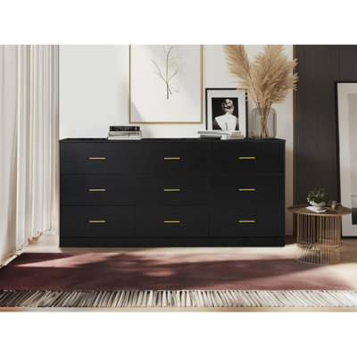 Modern Black 9-Drawer Dresser For Bedroom - Ample Storage Wide Chest Of Drawers, Sturdy & Safe