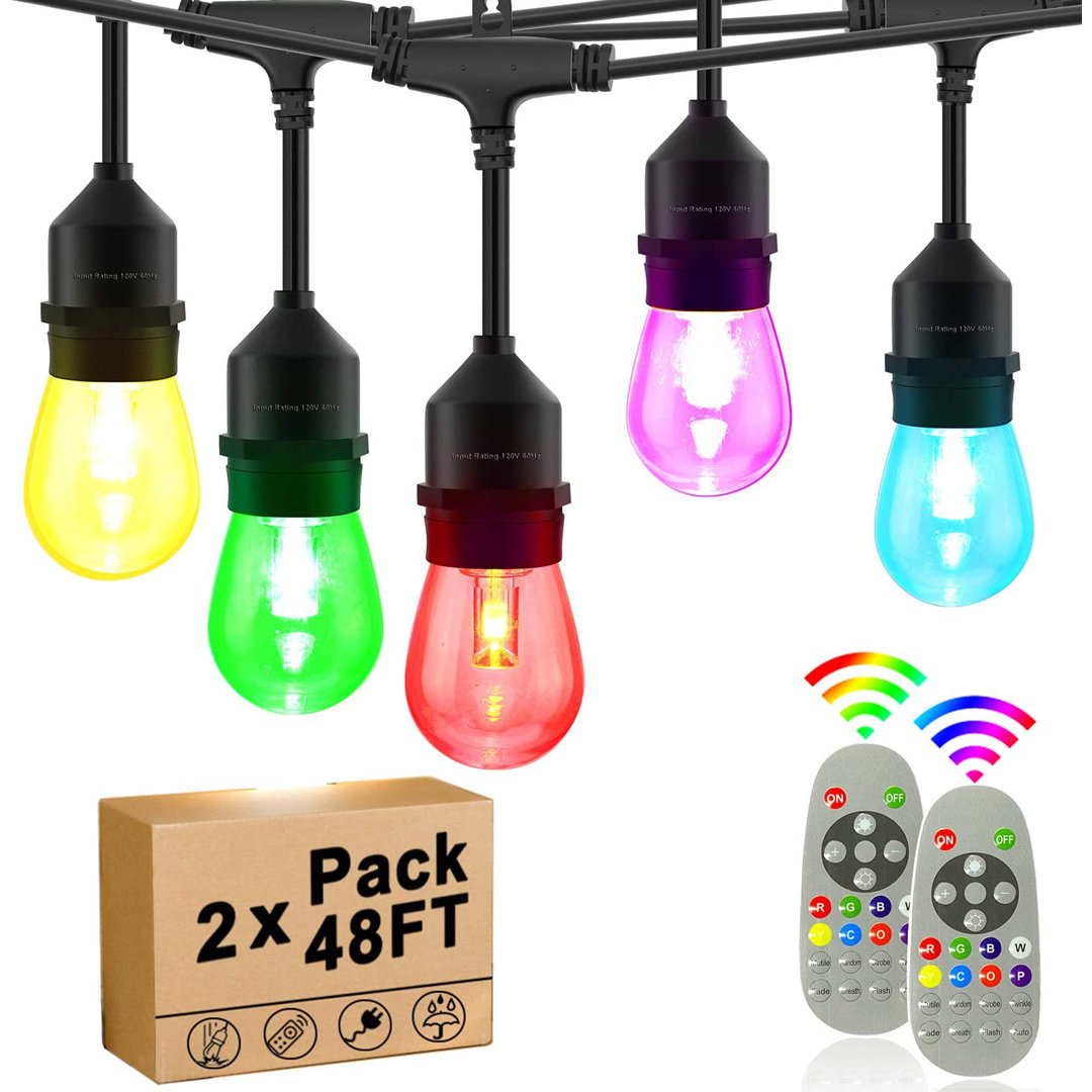48ft 15-Bulb Outdoor String Light with Color Changing Light Bulbs Linkable (Set of 2) Arlmont & Co.
