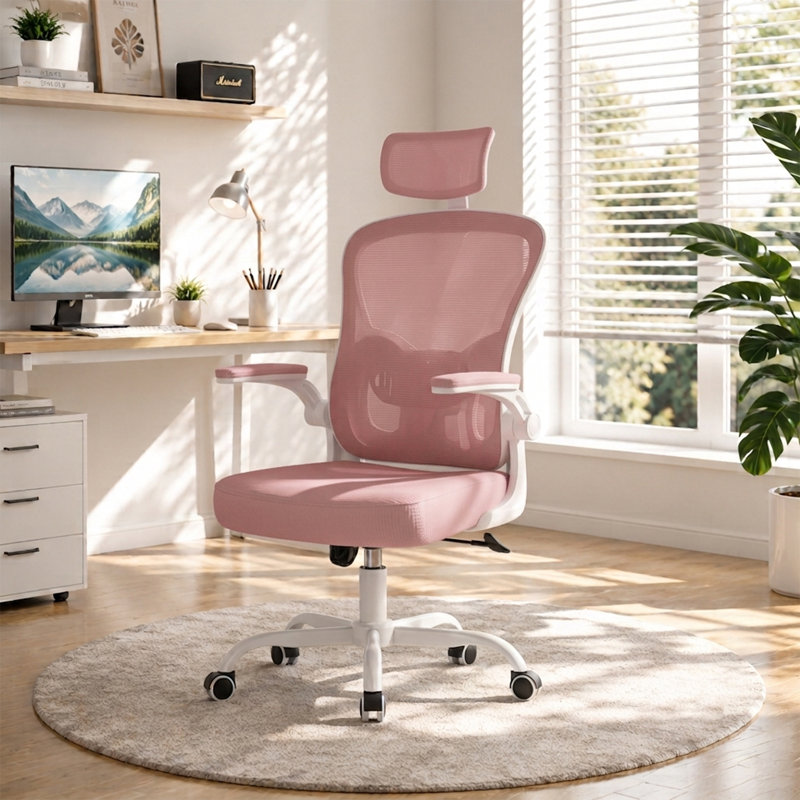 Ergonomic Mesh Office Chair with Adjustable Headrest, Swivel Desk Chair with Flip-Up Arms, White/Pink