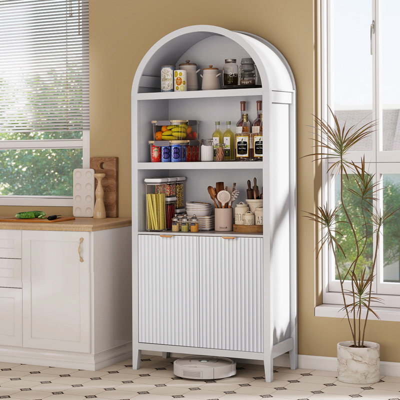 Arched Bookcase Cabinet, Kitchen Island With Wheels, Bookcase With Doors, Home Office Storage, Kitchen Cart Table Storage Cabinets, White