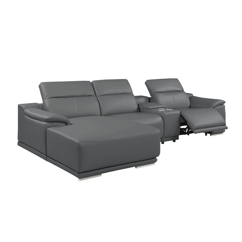 Canapé modulaire en L en cuir véritable 4 pièces avec accoudoirs inclinables électriques et accoudoirs réglables faisant face à la gauche gris foncé
