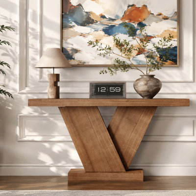 Console de style moderne à 66 pieds en X avec placage en bois massif, table de couloir d'entrée robuste pour les petits espaces, canapé de style Mid-Century étroit avec motif géométrique et plateau large, noyer