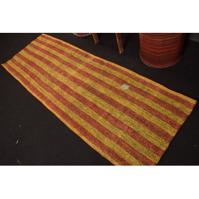 Handwoven Vintage Oushak Runner Kilim In Rich Yellow Wool for Kitchen and Home Decor