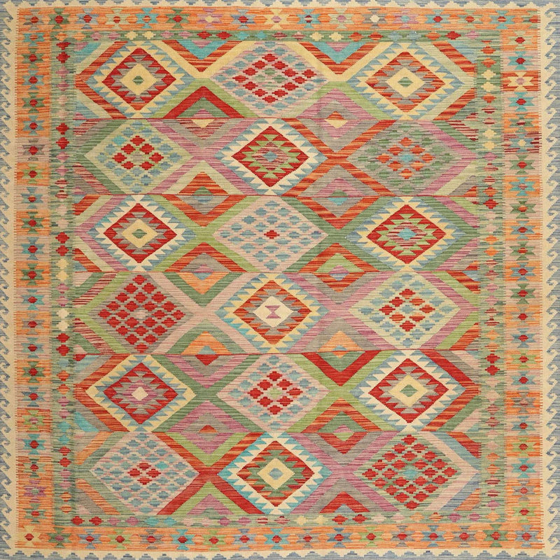 Tapis beige / brun / bleu Southwestern, Carré 7 pi