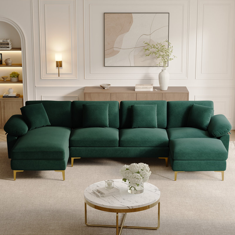 Canapé modulaire en chenille en U 114 po avec méridienne et pieds dorés, Green Chenille