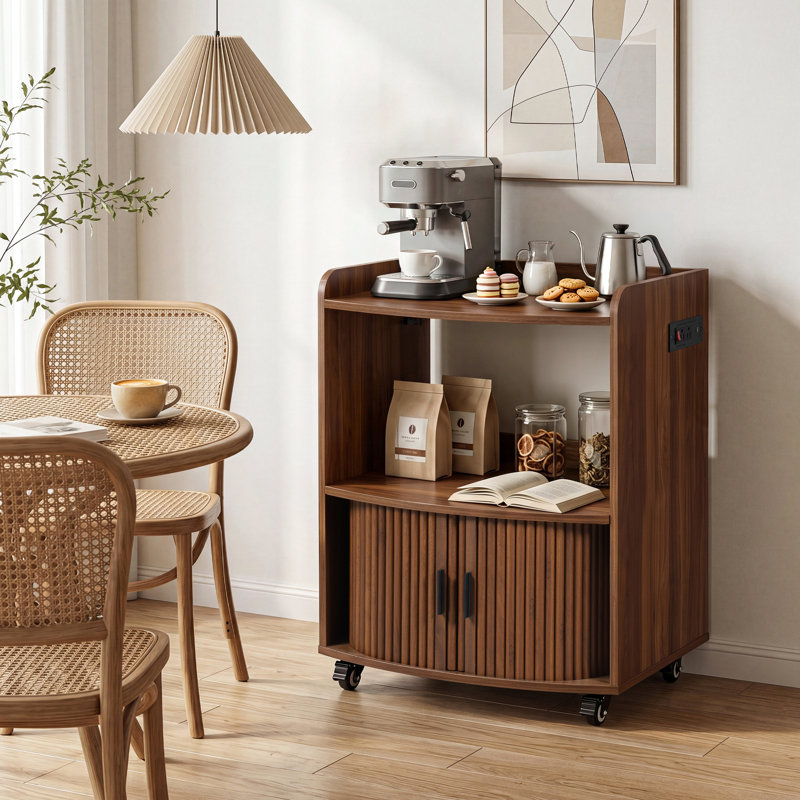 Armoire à café roulante avec prise de courant, chariot de cuisine mobile avec portes coulissantes et tablettes de rangement (l 23,62 po)