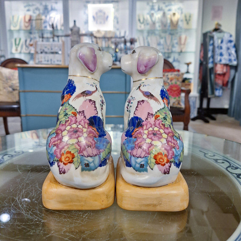 Tobacco Leaf Porcelain Dog Figurines Pair